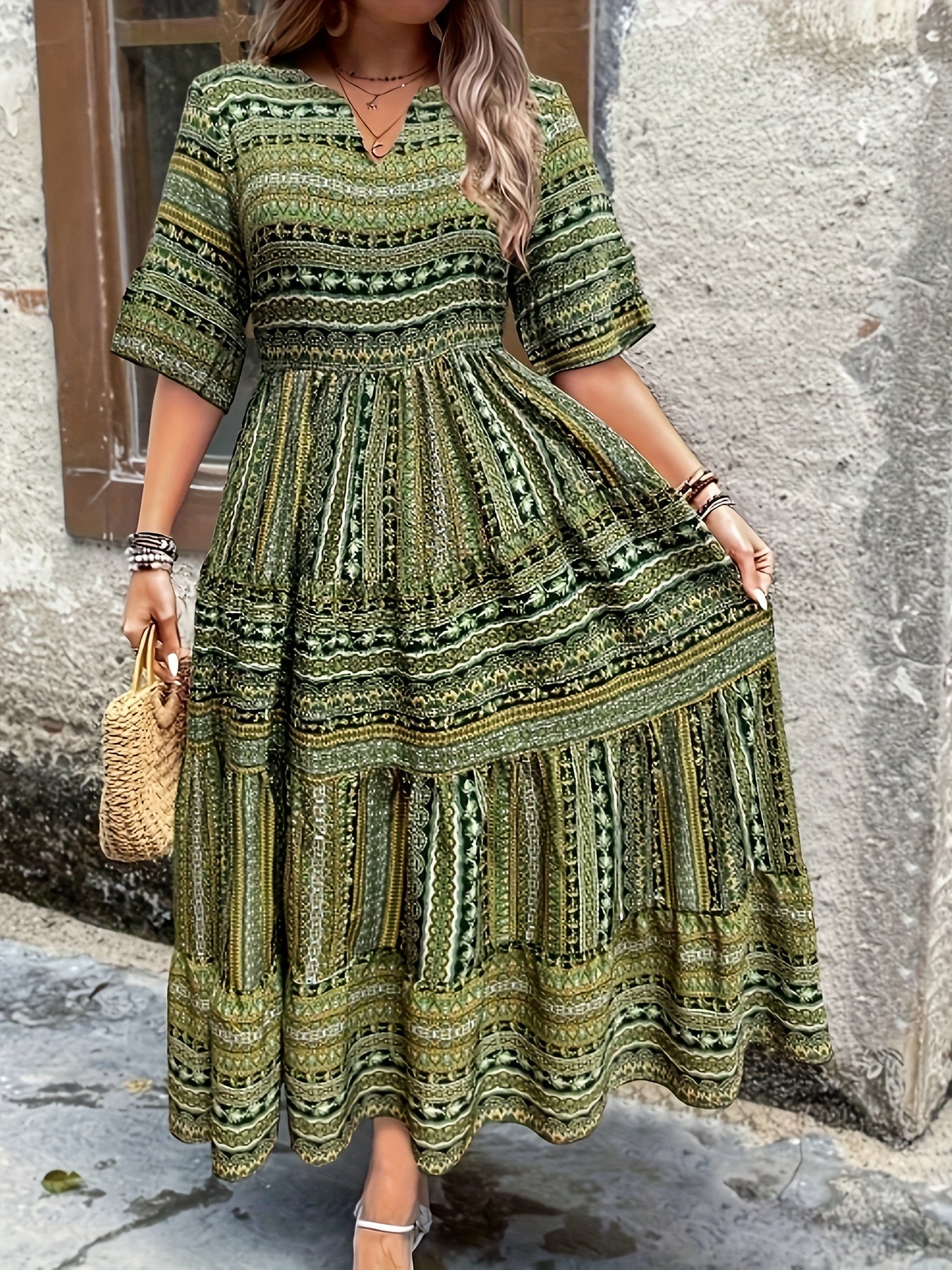 Sylpha - Elegant Ethnic Print Bohemian Dress Green