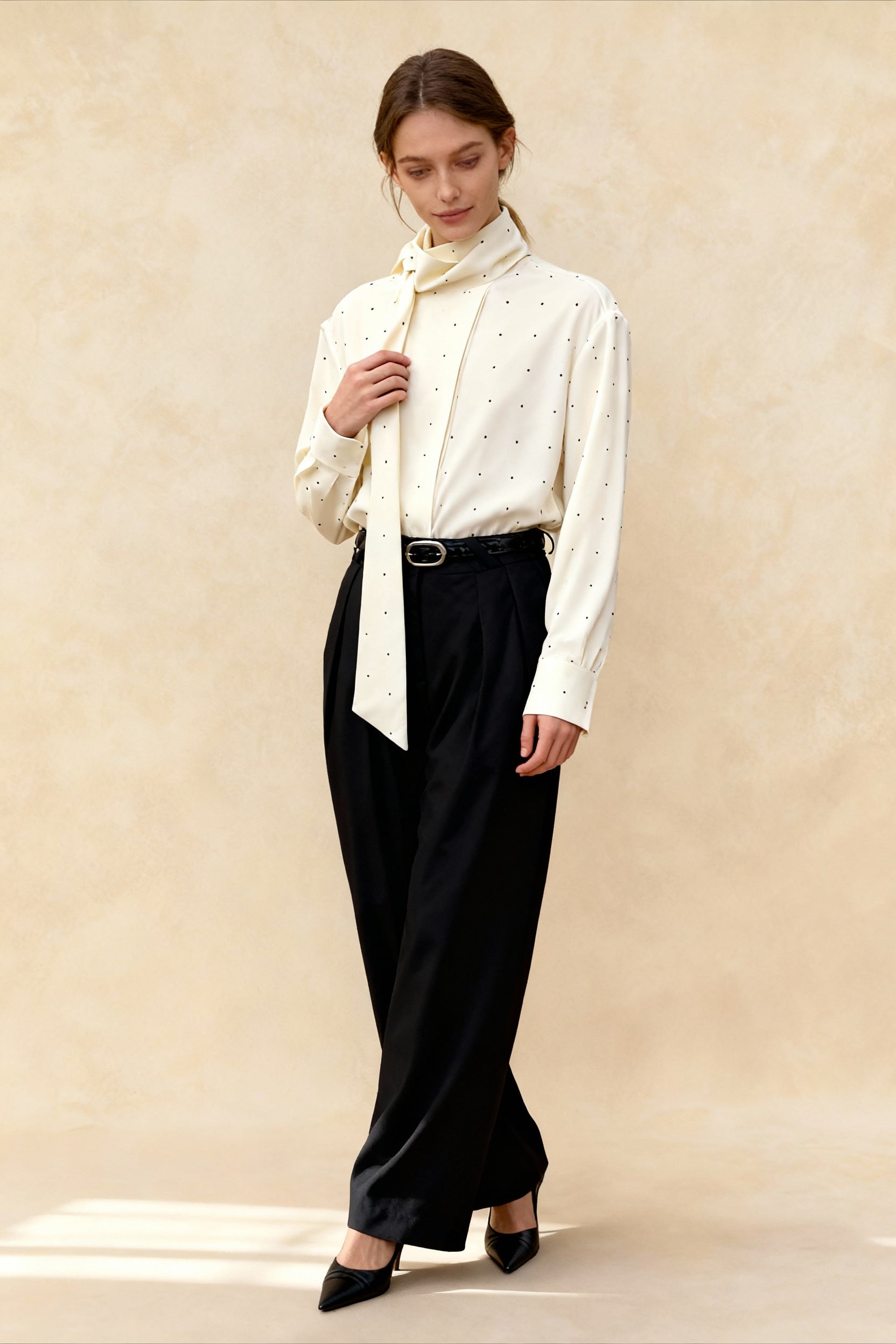 Polka Dot RibbonTie Loose LongSleeve Blouse