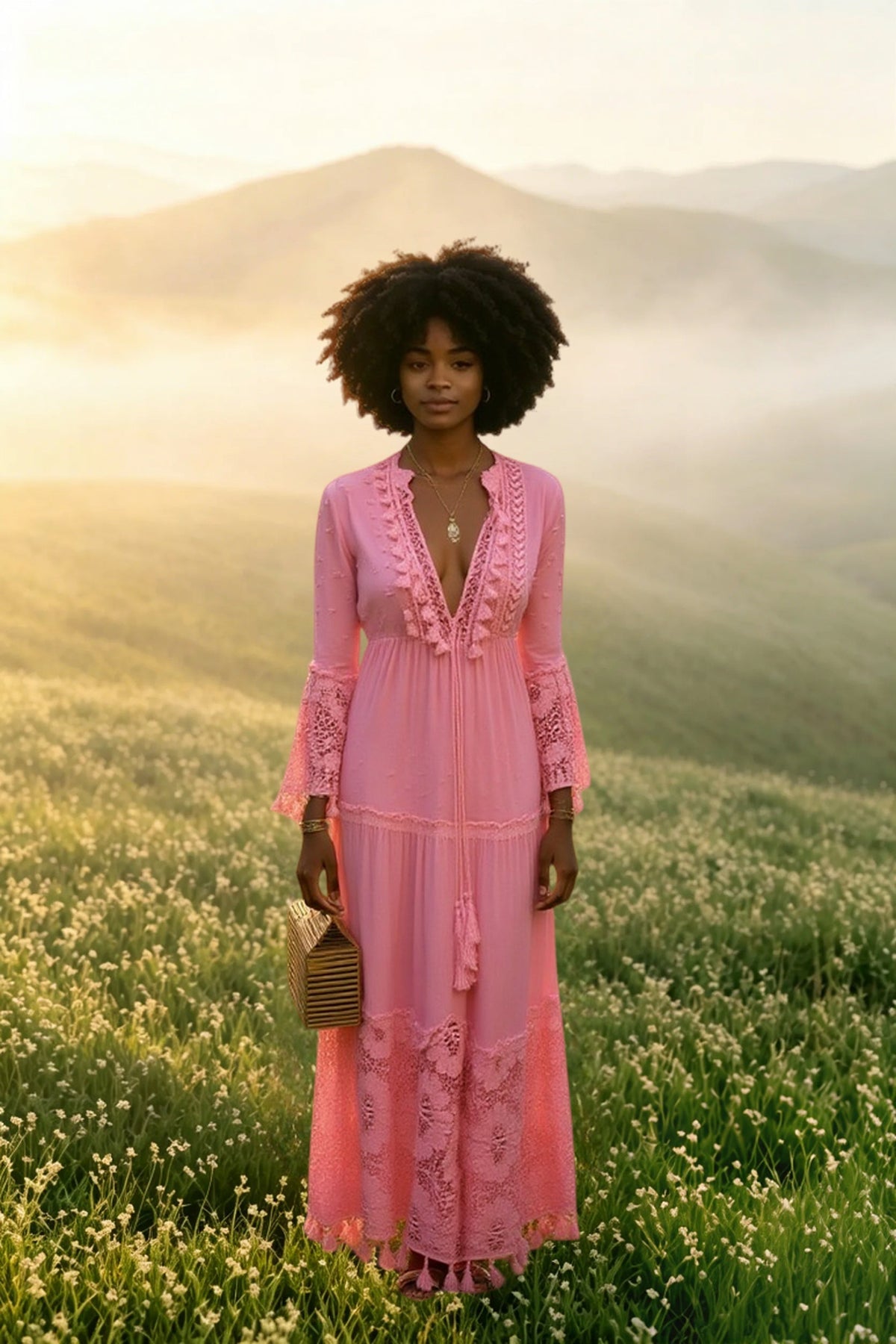 Boho V-Neck Tassel Trim Embroidered Tiered Maxi Dress 2