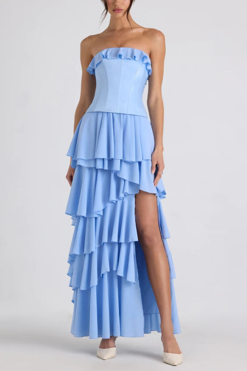 Spliced Ruffled Sling Split Shaped Maxi Boho Dress