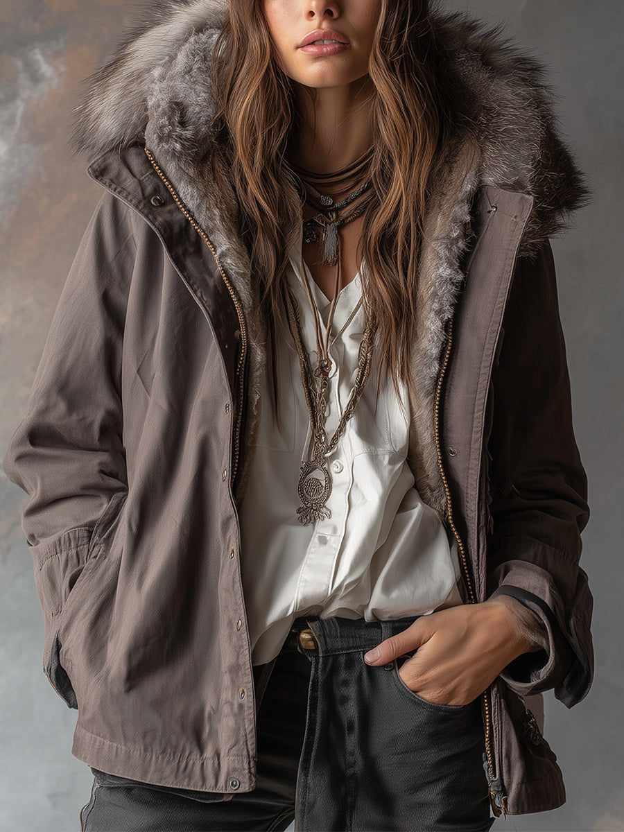 Casual Faux Fur-lined Washed Cotton Hooded Jacket