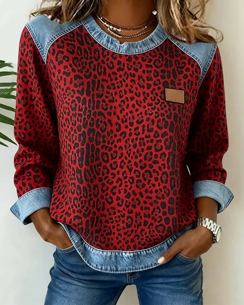 Leopard Print Denim Look Contrast Crew Neck Sweatshirt