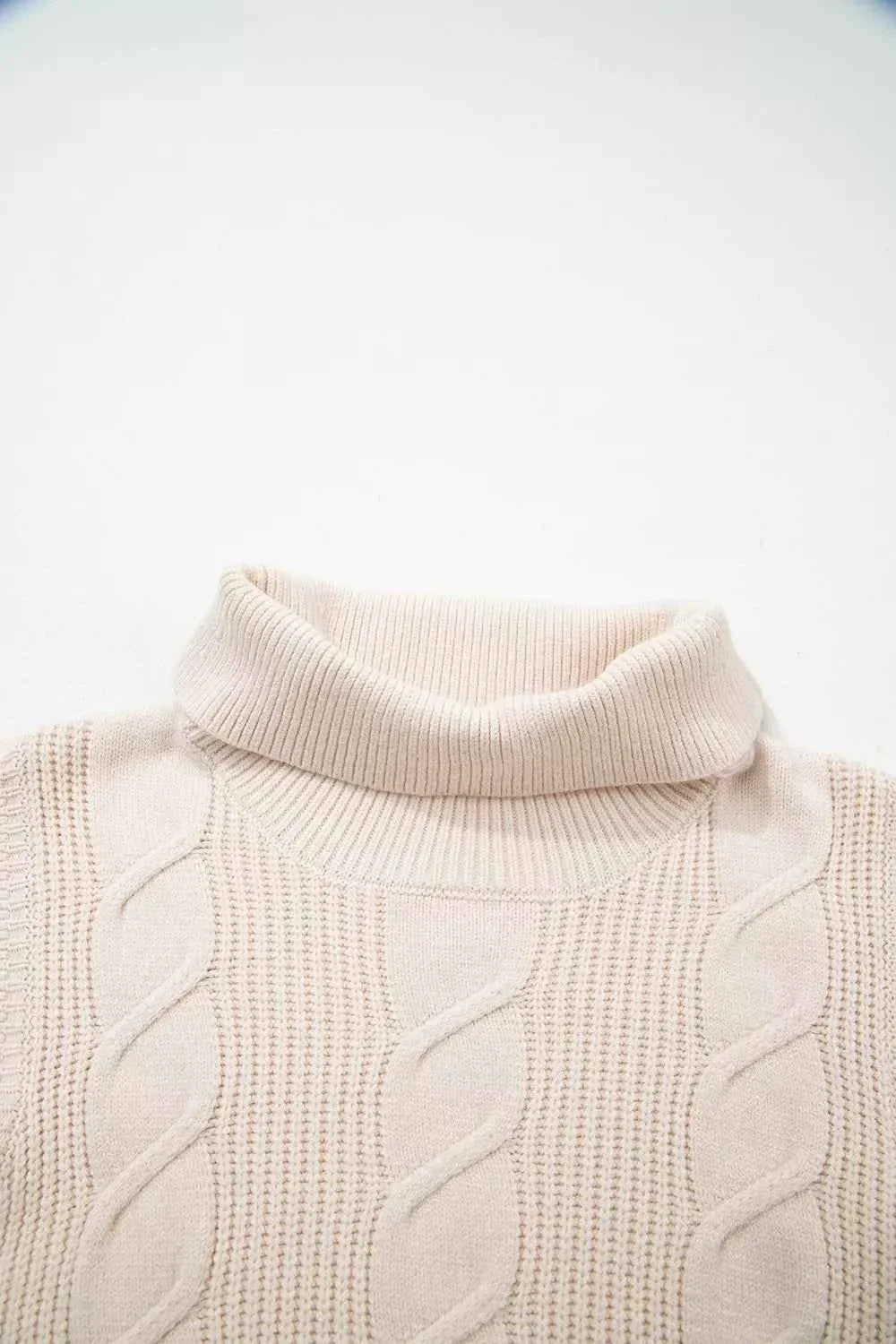 Cable Knit Turtleneck Ruffled Short Sleeve Sweater