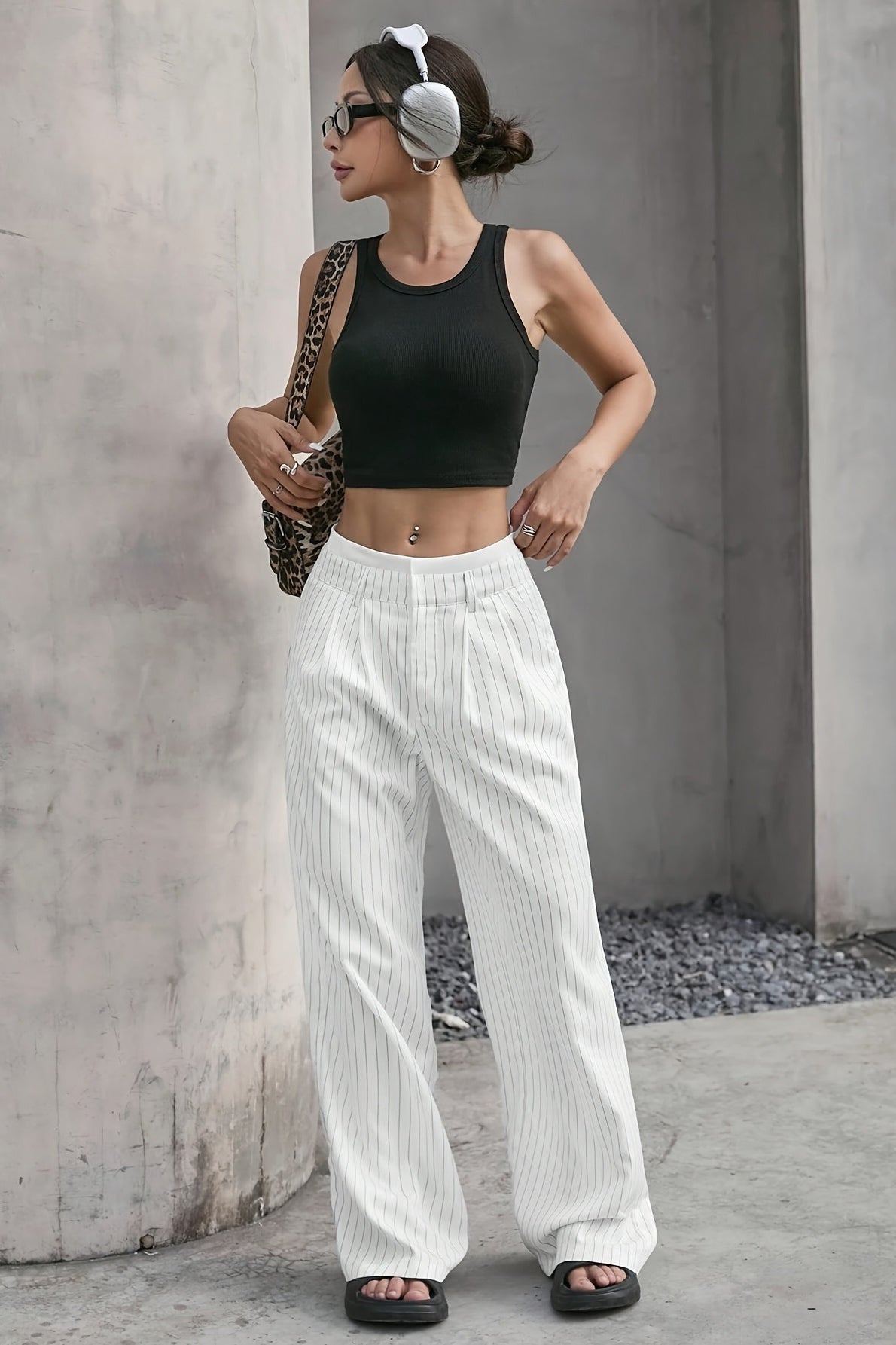 Pinstripe Contrast Waistband Pleated Wide Leg Trousers 9