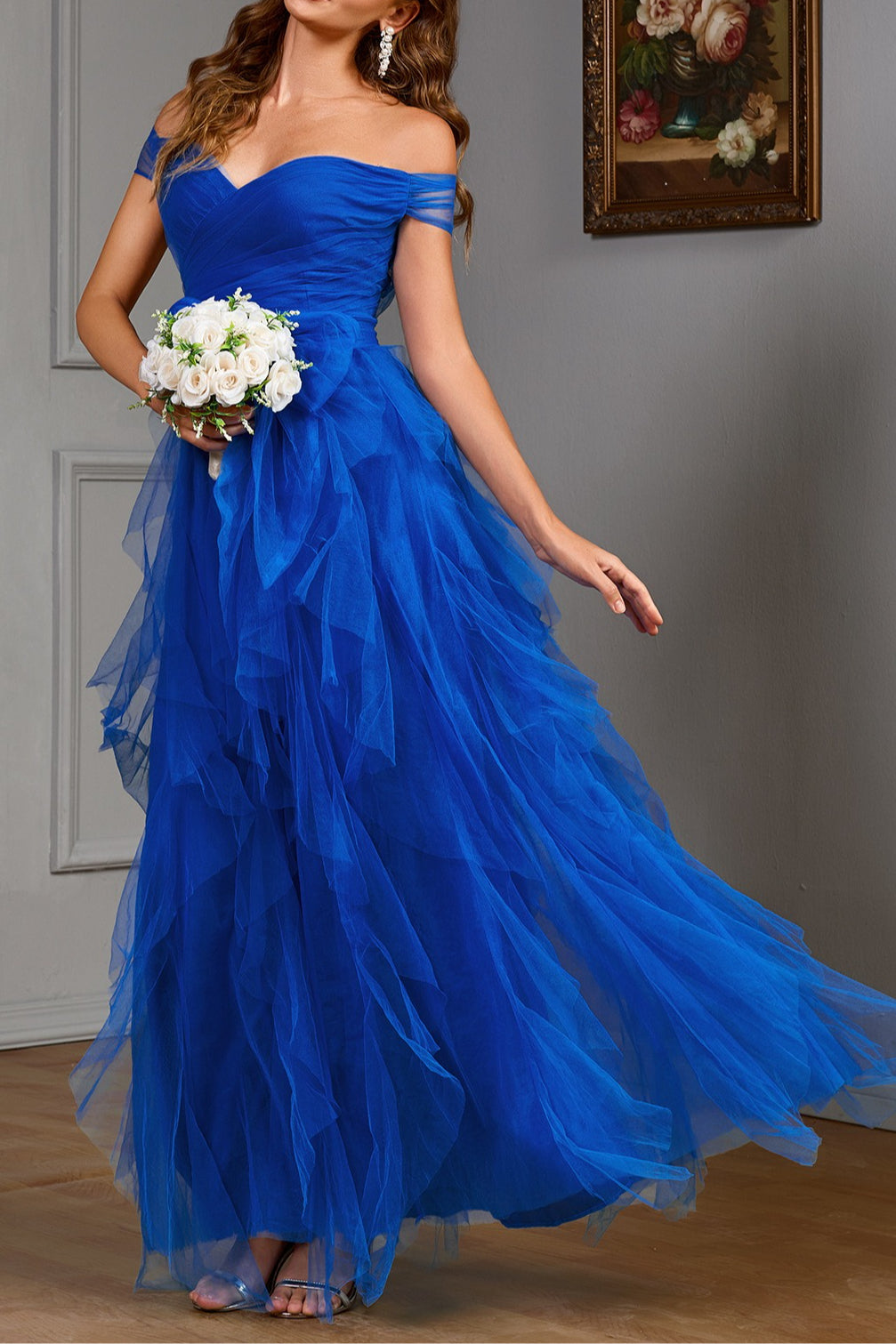 Off Shoulder Sweetheart Ruched Tiered Tulle A-Line Maxi Gown