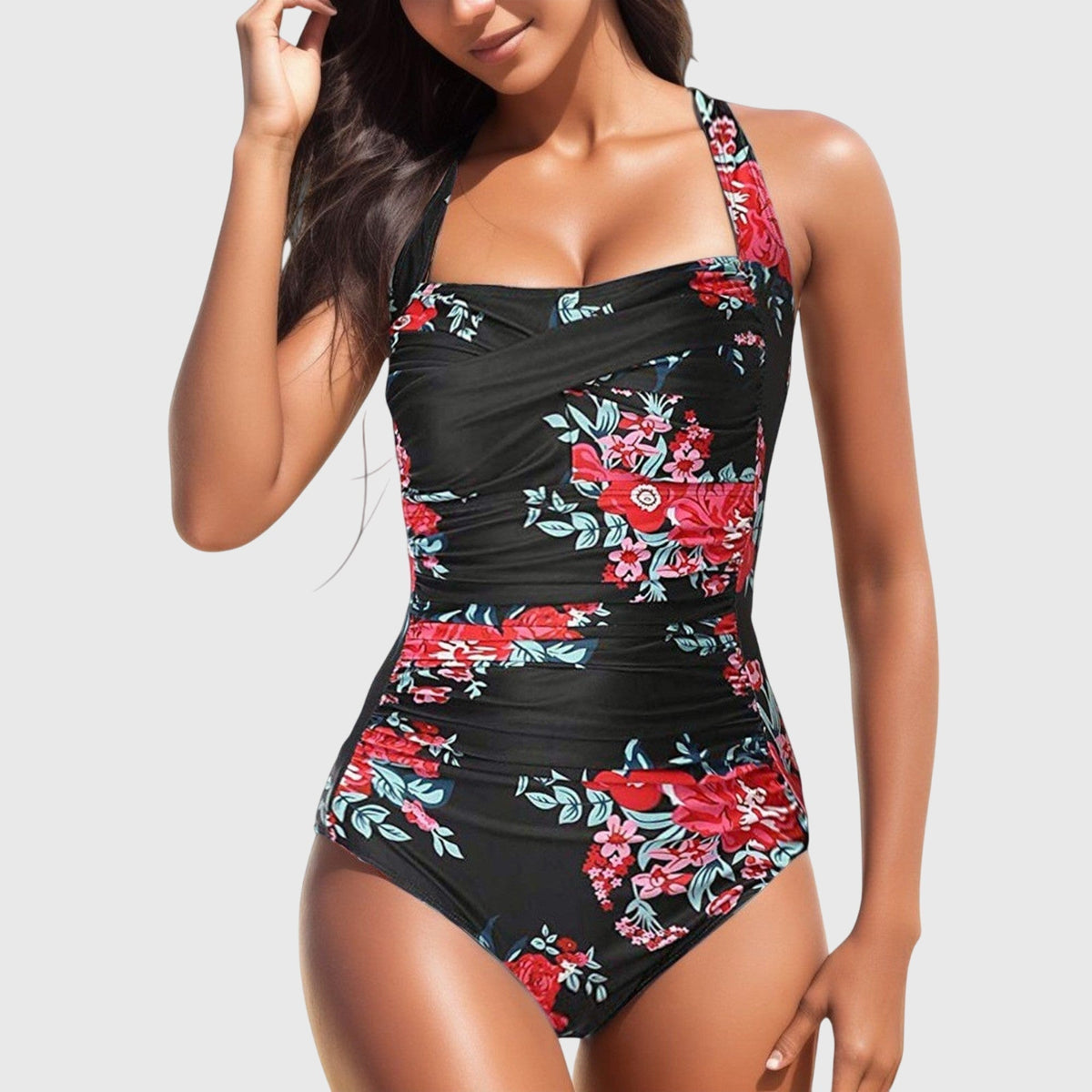 Tropical Floral Ruched Halter One Piece Swimsuit