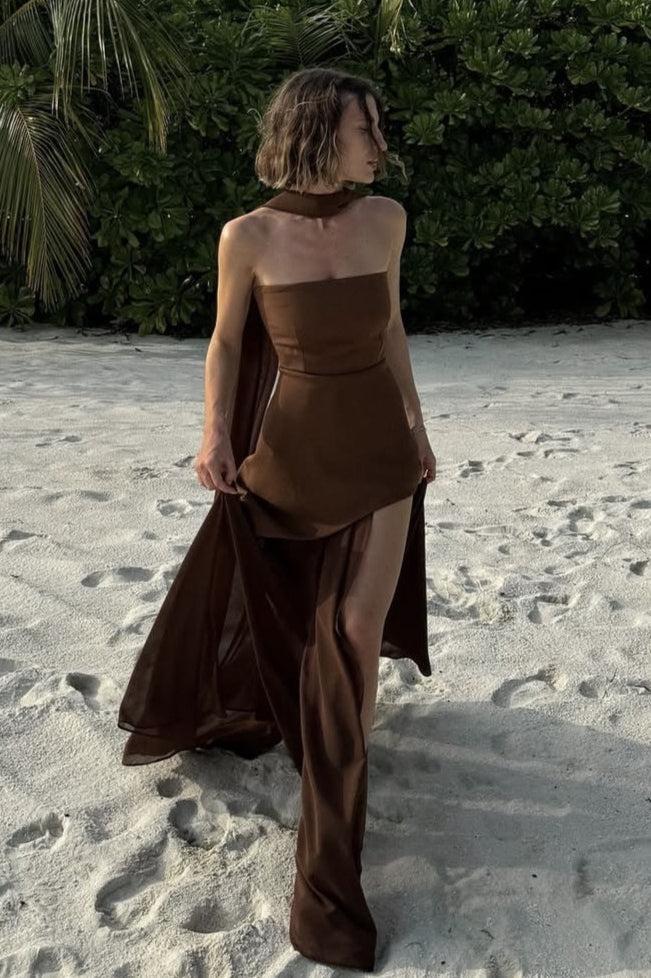 Strapless Scarf Neck High Split Bodycon Maxi Dress