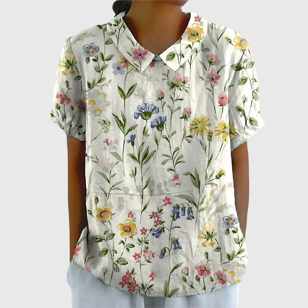 Floral Print Notch Neck Short Sleeve Linen Blouse 3