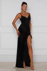 Ruffle Hem Spaghetti Strap Slit Prom Dress