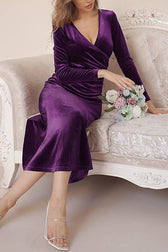 Solid Color Velvet Long Sleeve V-neck Slim Fit Fishtail Maxi Dress - View 20