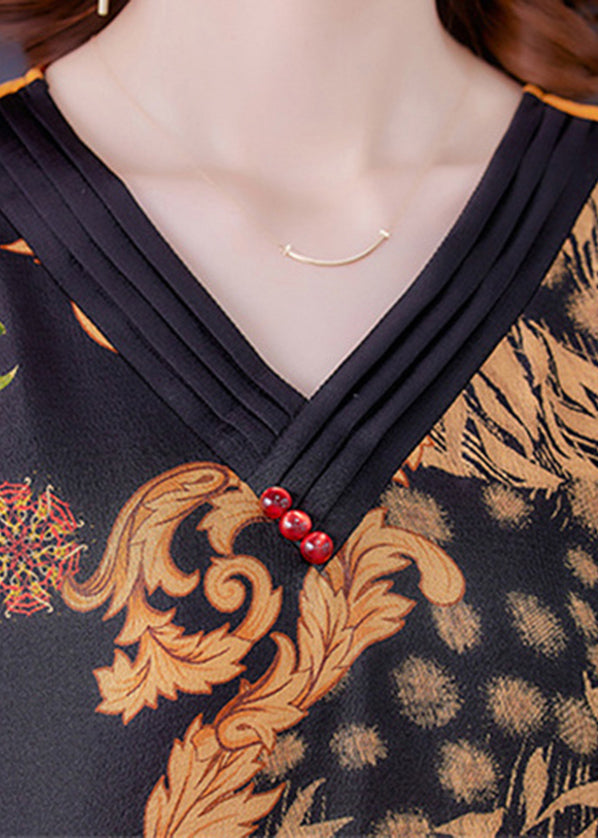 Ornamental Floral Print V-Neck Cap Sleeve Piped Shift Midi Dress