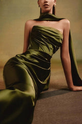 One Shoulder Ruffle Tie Maxi Prom Dress
