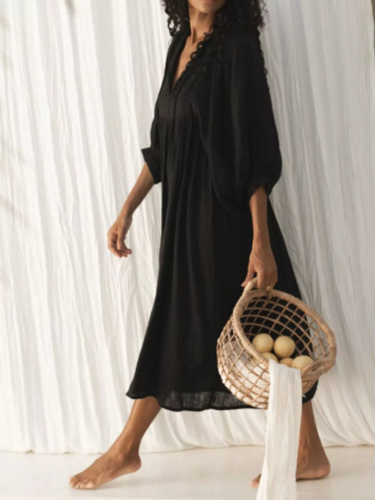 Split V-Neck Tie Neck Puff Sleeve Smock Midi Dress 16