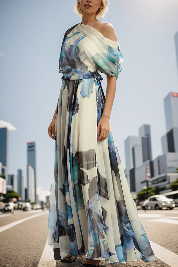 Sandy Aesthetic Unique Printed Bohemian Short Sleeve One Shoulder Maxi Dress Premium Edit