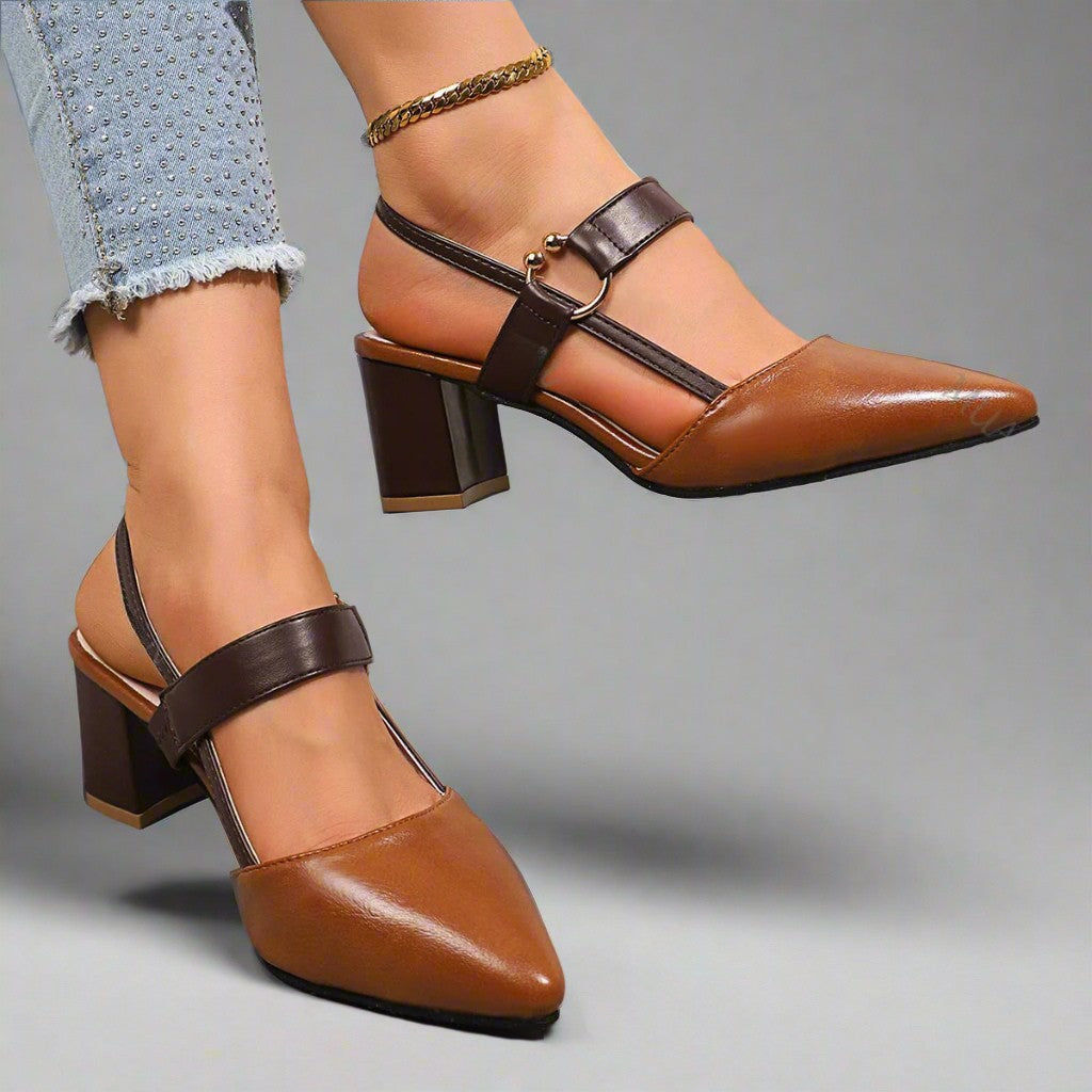 Pointed Toe Buckle Slingback Block Heel Pumps