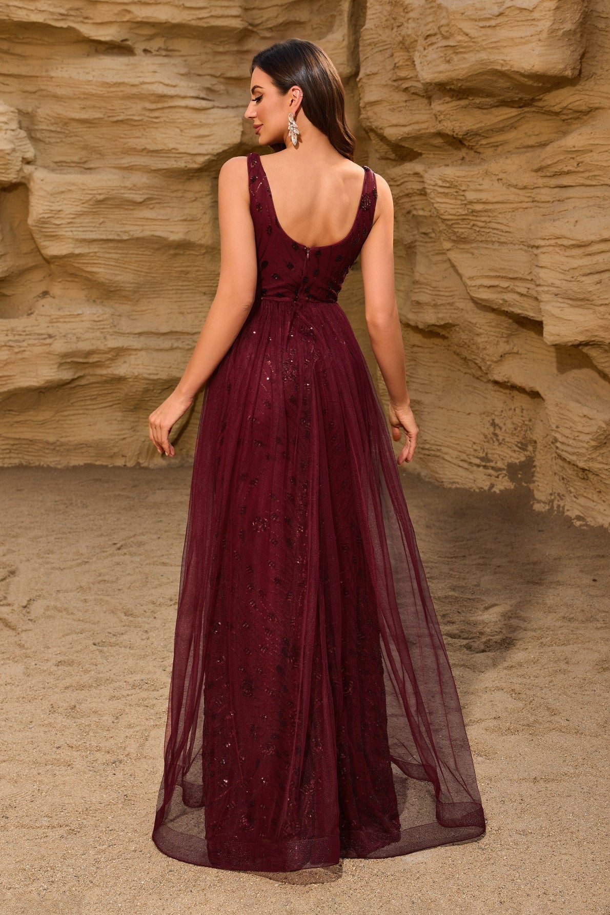 Sequin V-Neck Tulle Overlay Mermaid Prom Gown