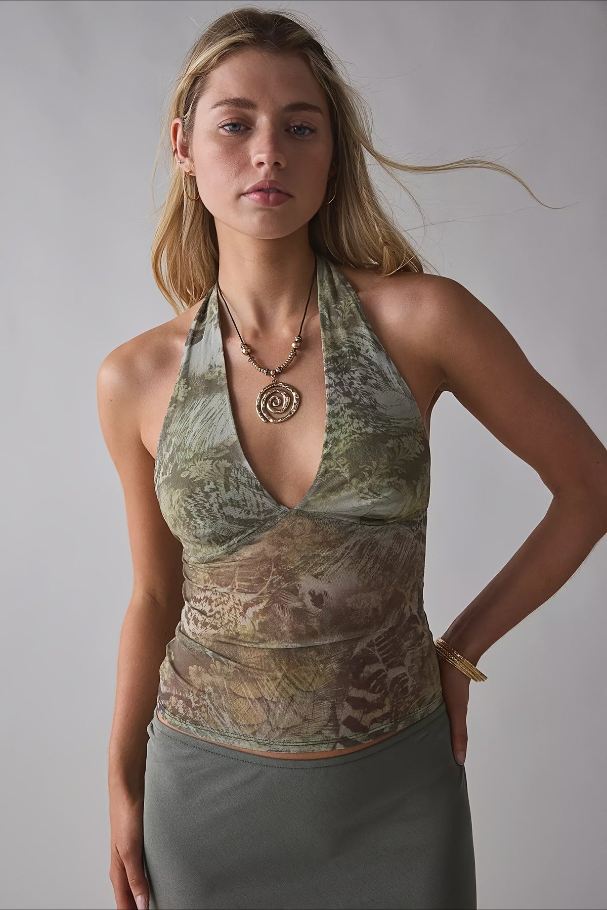 Backless Halter-Neck Sheer Mesh Crop Top