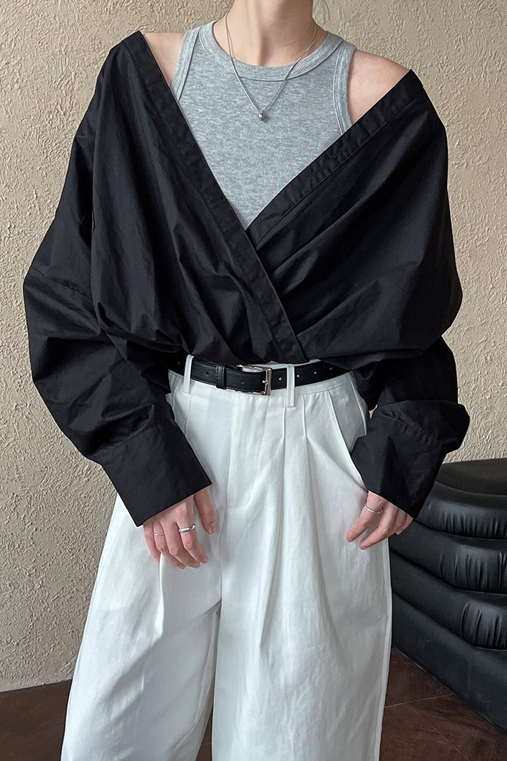 V-Neck Long Sleeve Twist Front Layered Tank Mock Two Piece Shirt 6