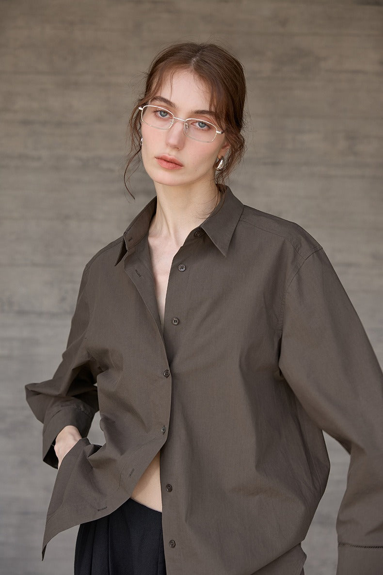 Collared Long Sleeve Curved Hem Relaxed Button Front Shirt 3
