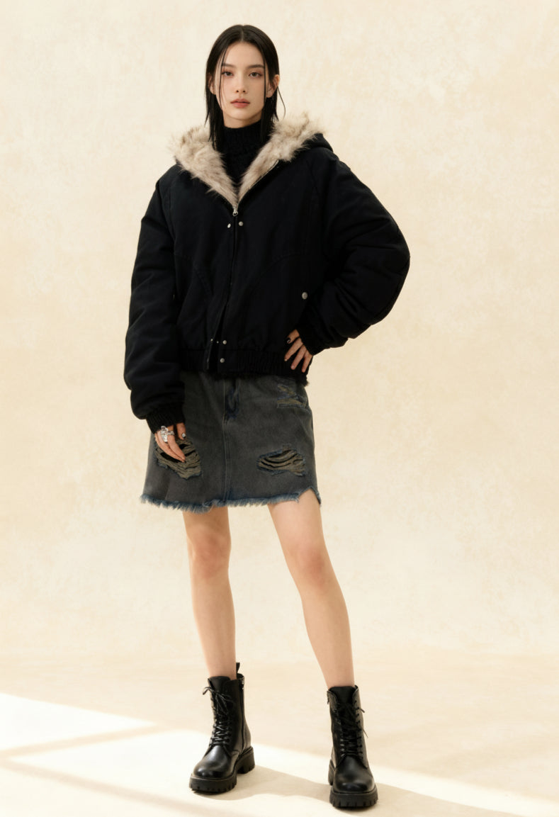 Fur-Trimmed Hooded Bomber Jacket