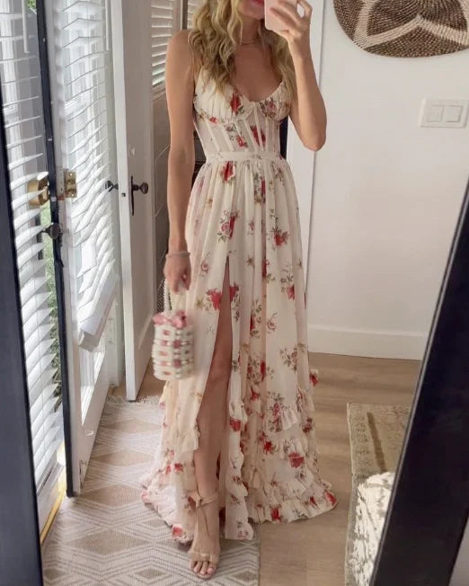 Floral Corset Bodice High Split Ruffle Hem Maxi Dress