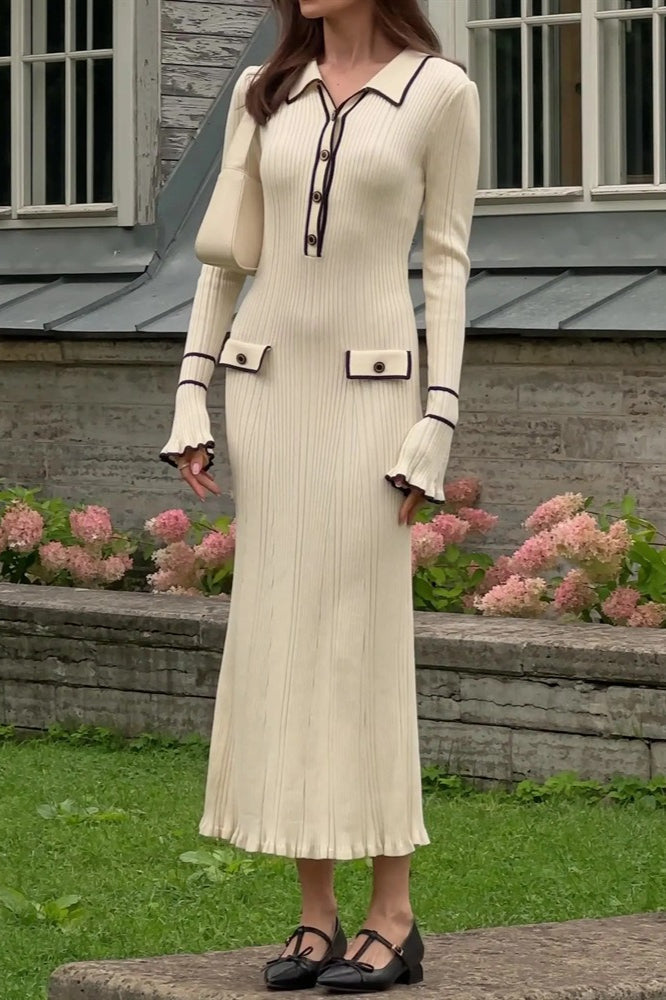 Ruffled Knit Collared Fitted Sweater Dress