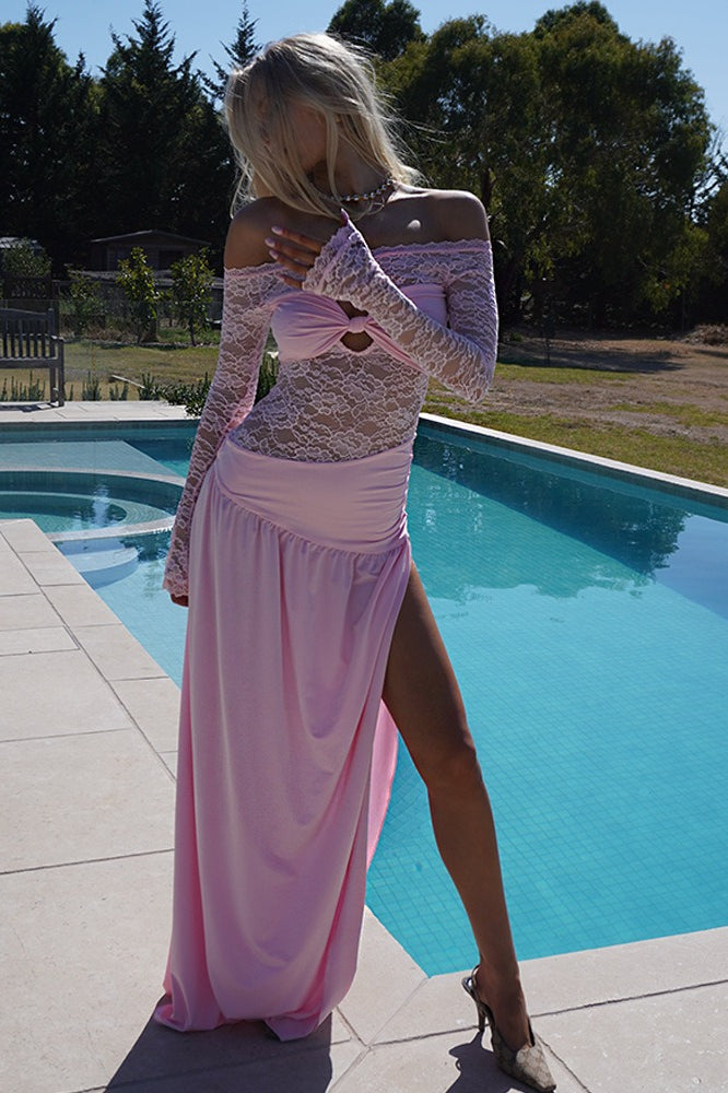 Off-Shoulder Lace High Slit Ruched Maxi Lace Dress
