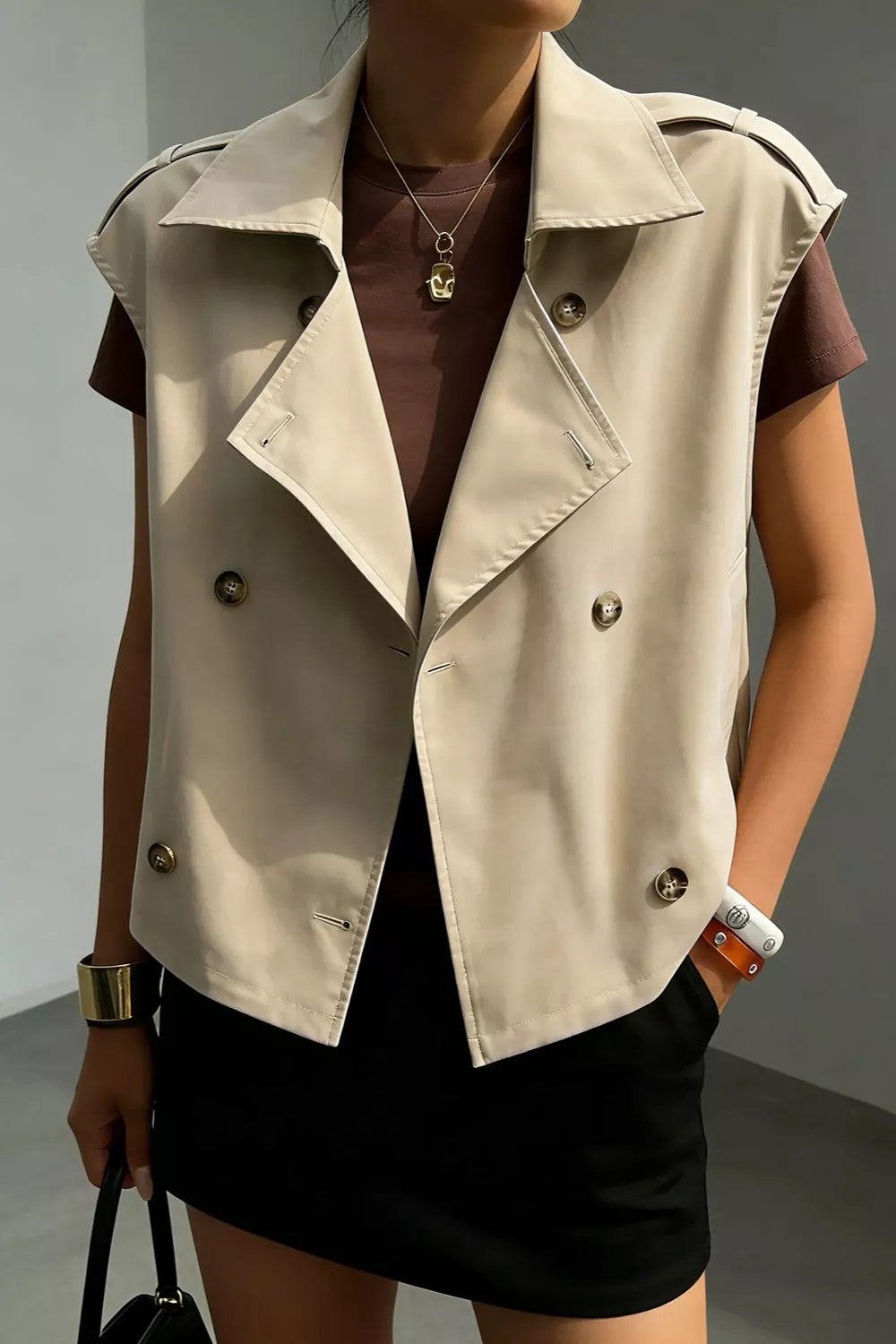 Double-Breasted Cropped Trench Vest Coat