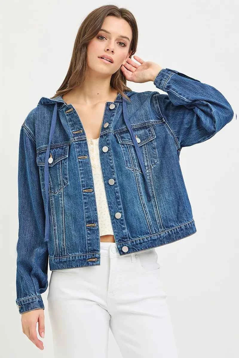 Hooded Drawstring Button Front Chest Pocket Denim Jacket 2
