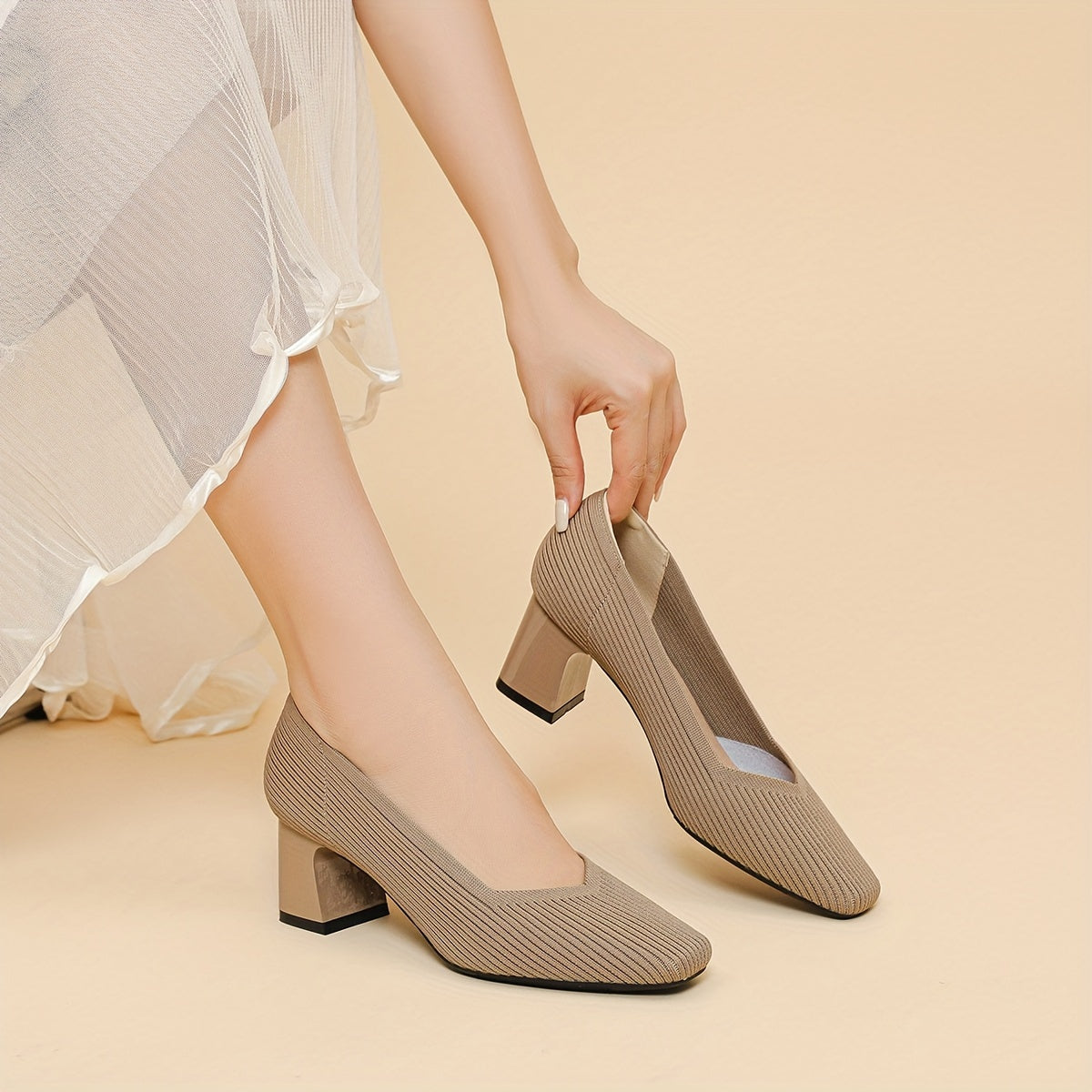 Square Toe Block Heel Slip On Pumps