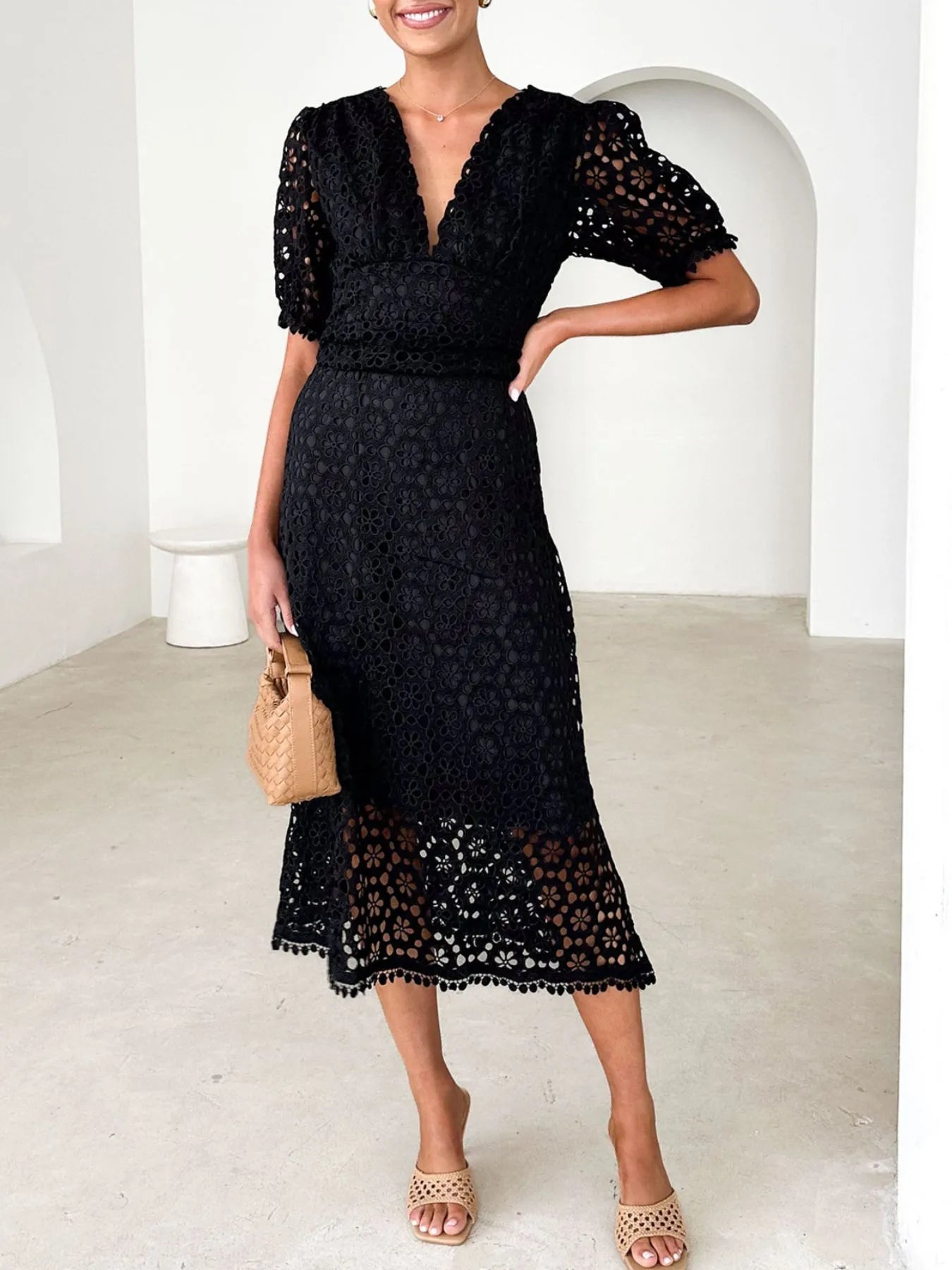 Exclusive Serena V Neck Lace Midi Dress with Puff Sleeves Chic Silhouette Collection