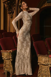 Lace Round Neck Long Sleeve Hollow Slim Lace Dress