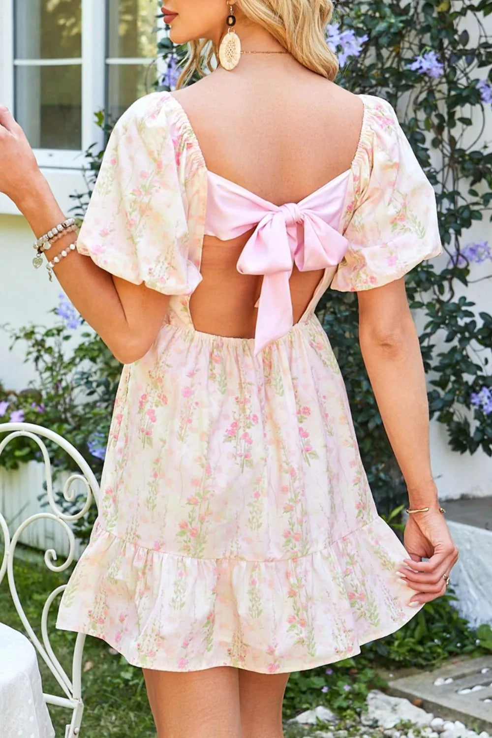 Floral Print Square Neck Puff Sleeve Ruffle Hem A-Line Mini Dress 2