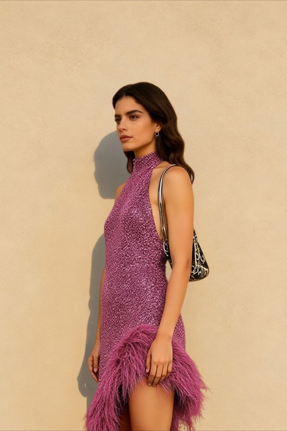 Feather Panel Halter Asymmetrical Graduation Party Dress