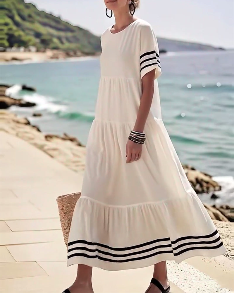 Striped Trim Short Sleeve Tiered Maxi Dress 10