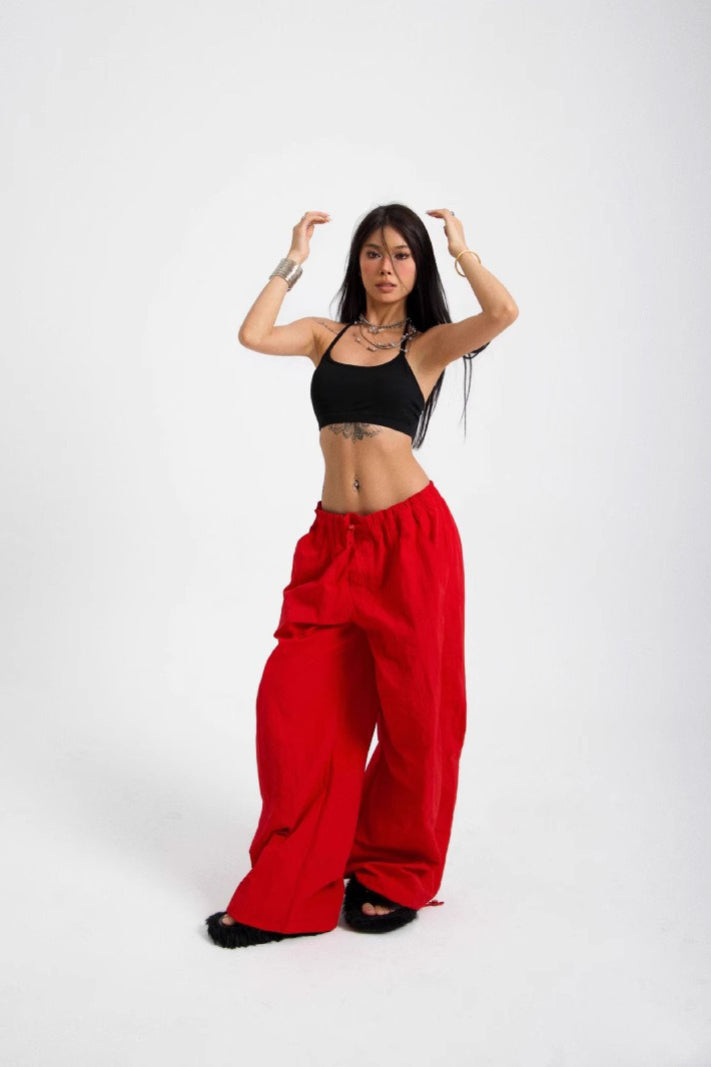 Low Rise Drawstring Hem Baggy Wide Leg Parachute Pants 3