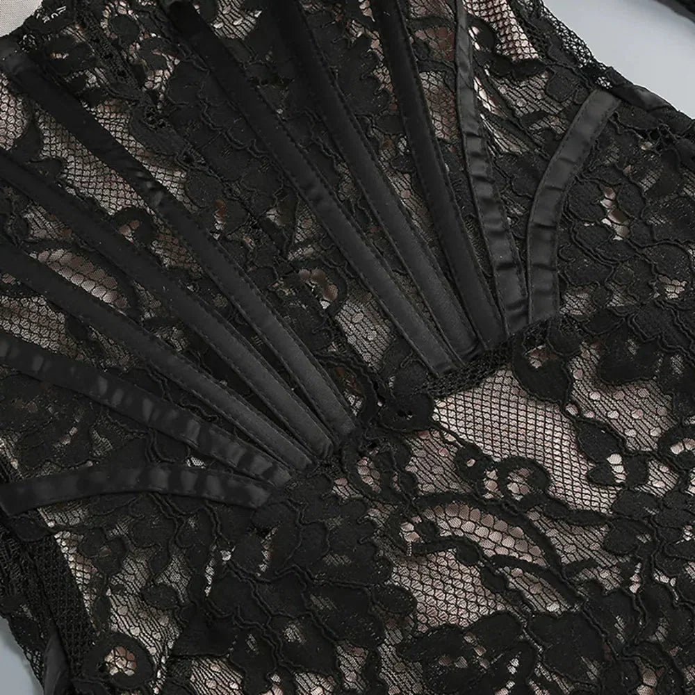 Lace Corset Square Neck Long Sleeve Draped Side Tie Mini Dress 7