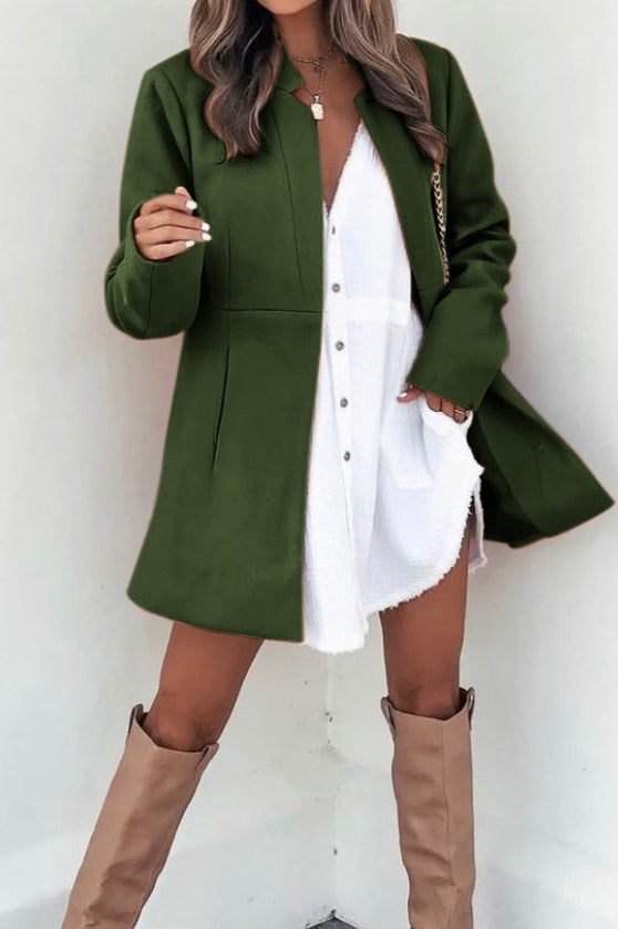 Collarless Open Front Long Sleeve Seamed Mid Length Coat 17