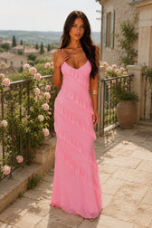 V Neck Open Back Side Split Wave Slim Slip Dress