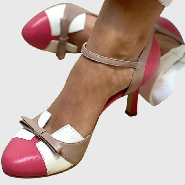 Round Toe Ankle Strap Bow Stiletto Heel Pumps 3