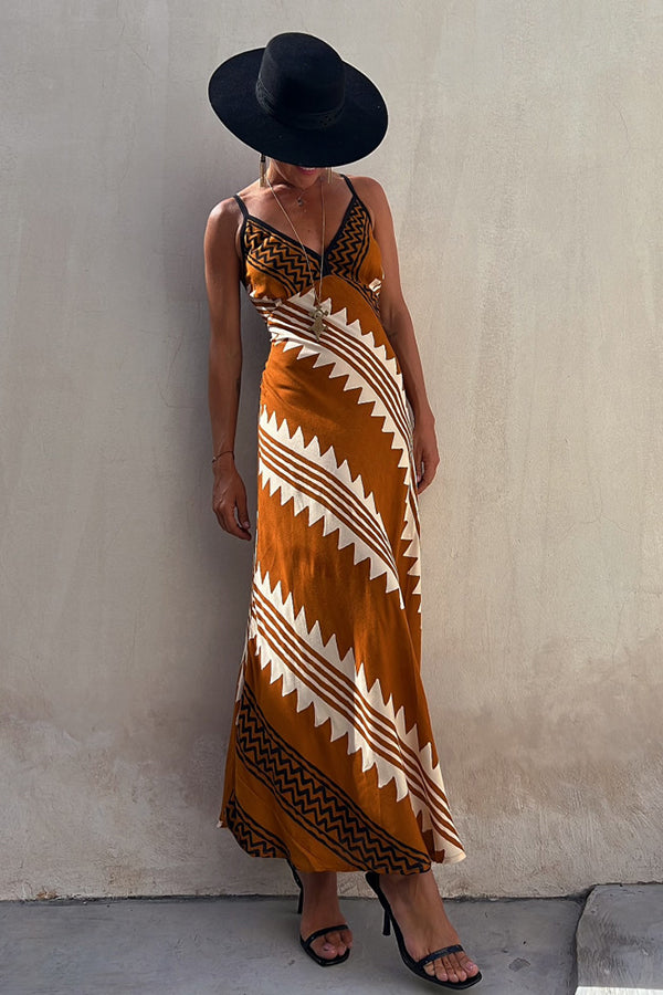 Always Falling Satin Ethnic Print Smocked Back Midi Dress - View 4