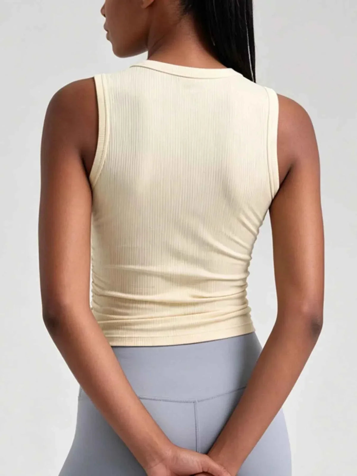 Ribbed Knit Crew Neck Sleeveless Side Ruched Active Tank Top 3