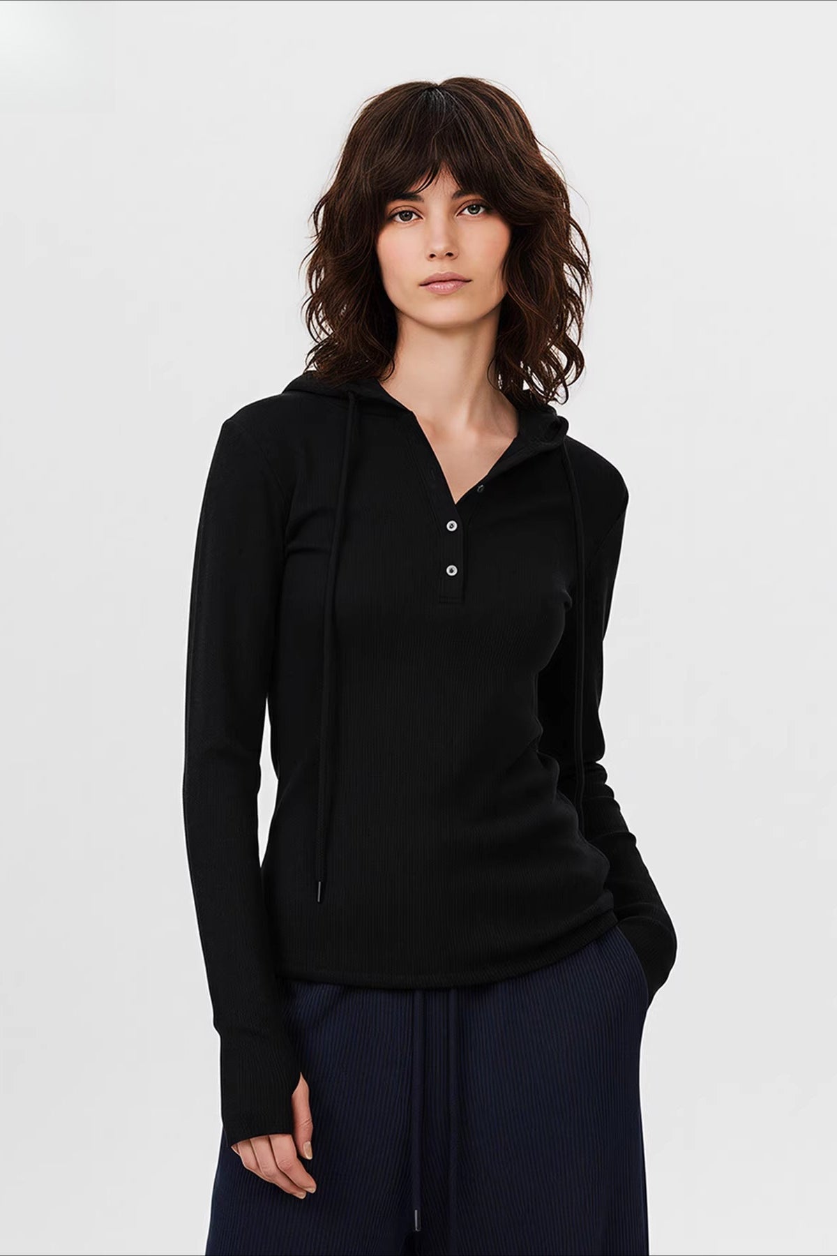 Retro Hooded Slim Fit Long Sleeve Top