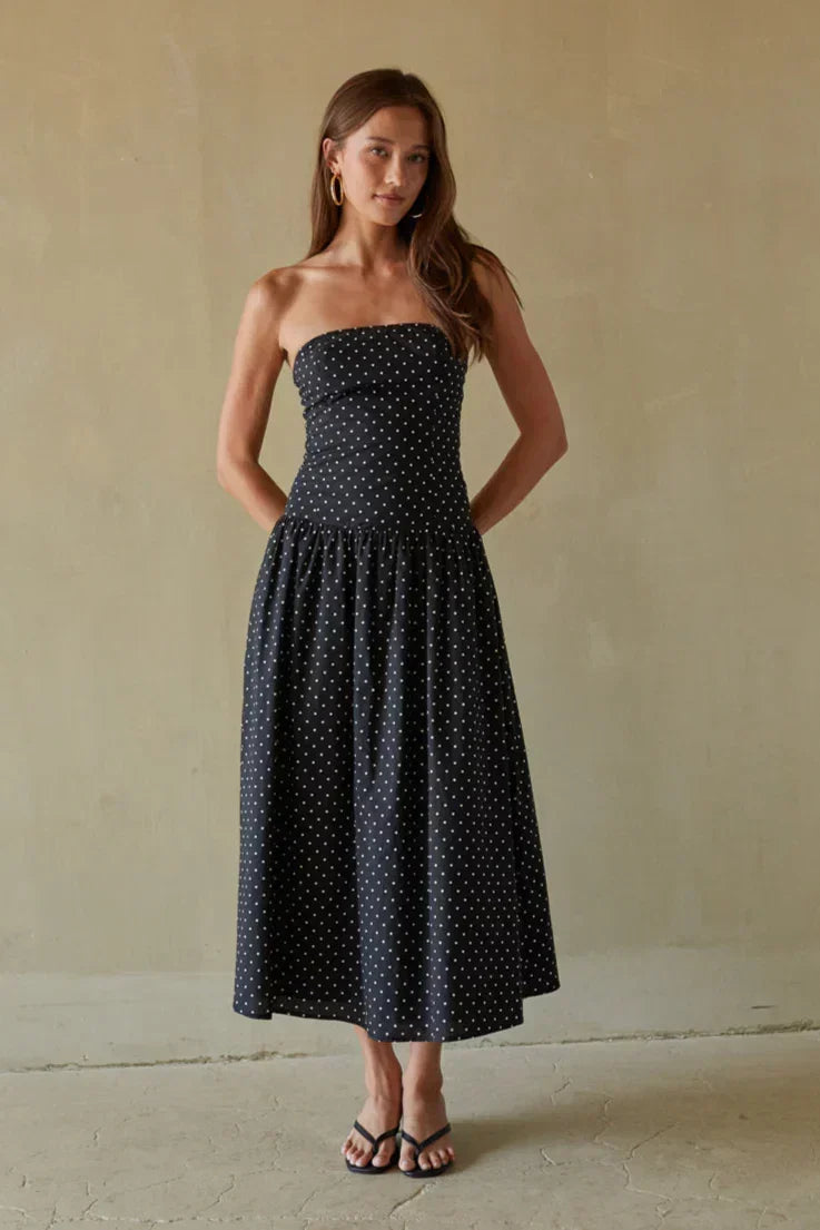 Polka Dot Strapless Drop Waist Gathered Midi Dress 2