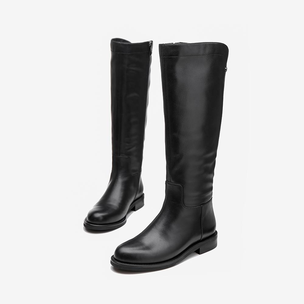 Handmade Soft��Leather Knee High Boots Side Zip Riding Boots Black Short Plush