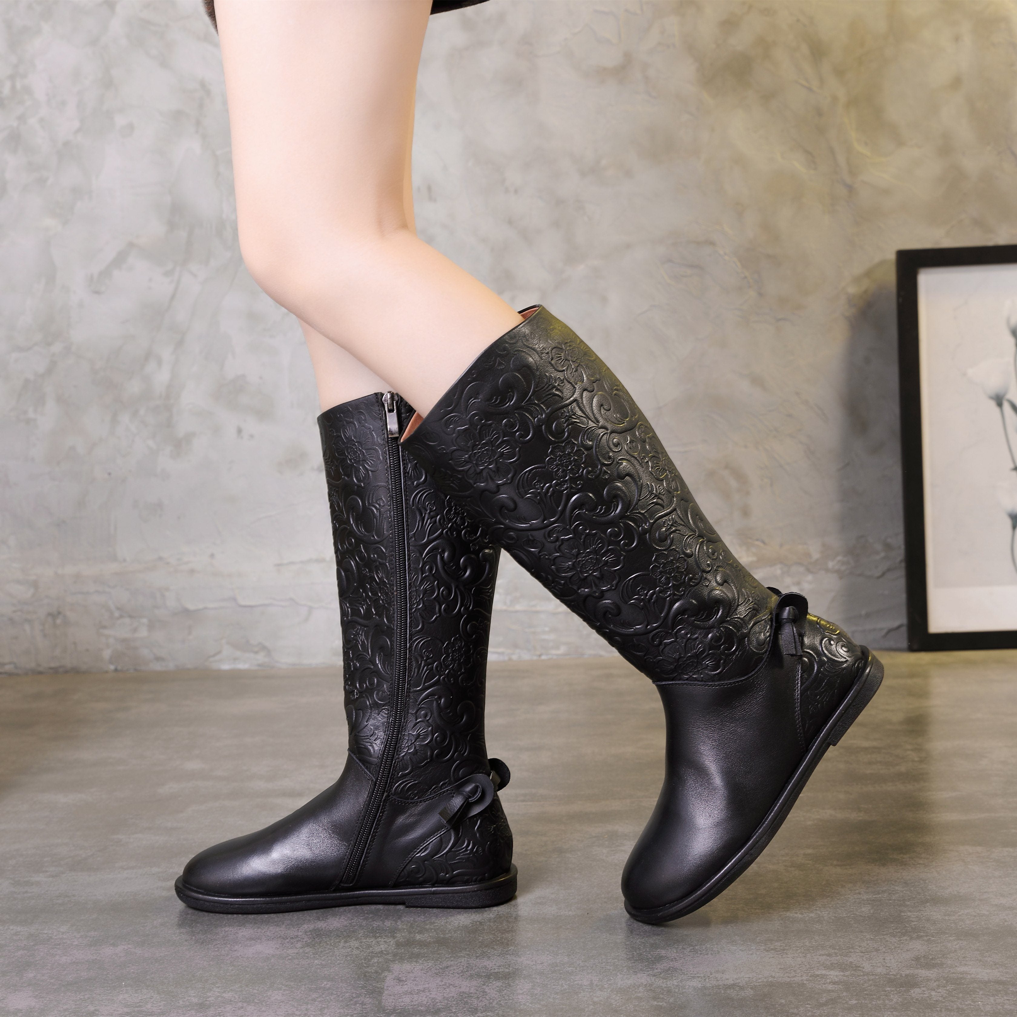 Round Toe Retro Boots Handmade Women'S Leather Knee-High Boots Soft Bottom Flat Black/Coffee/Yellow