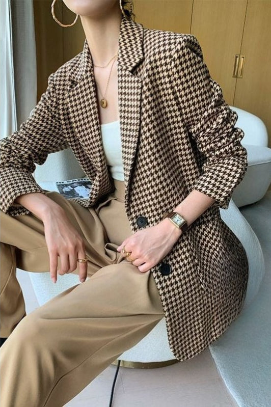 Houndstooth Notch Lapel Belted Waist Longline Blazer 3