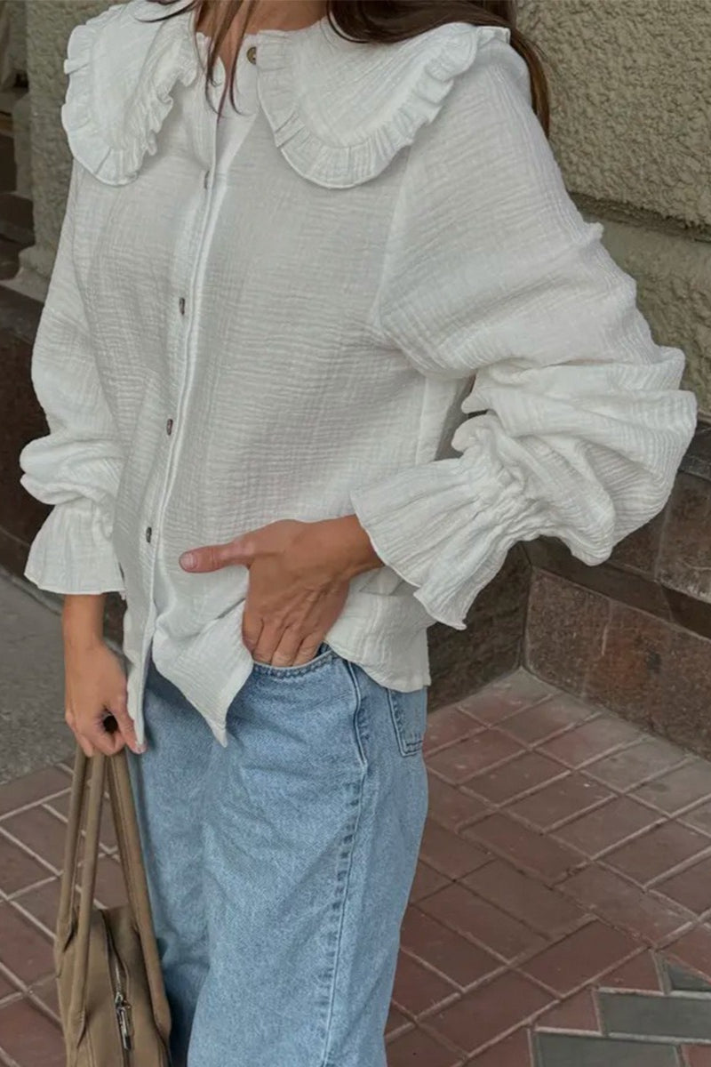 White Ruffle Trim Lantern Blouse