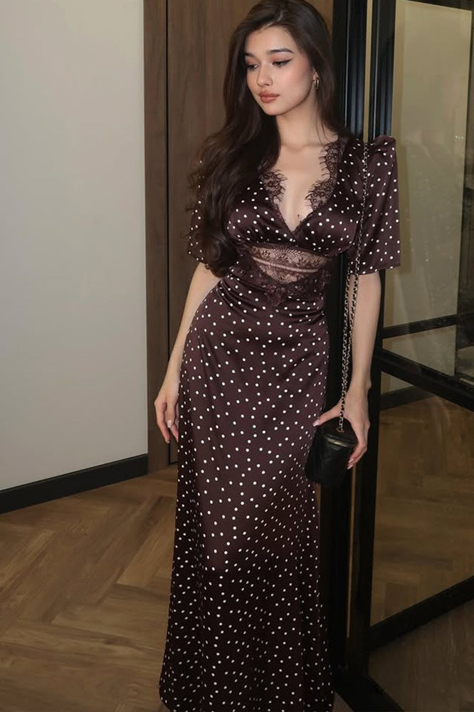 Lace Trim V-Neck Polka Dot Fit Floor Lace Dress