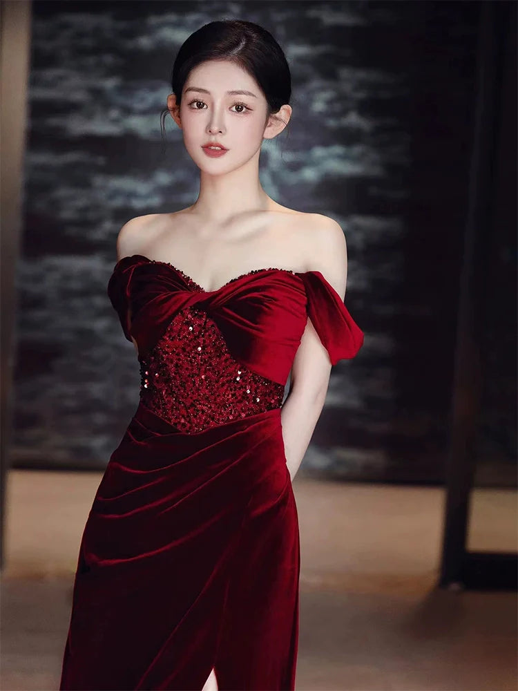 Burgundy Velvet Mermaid Long Prom Dress Off Shoulder Evening Dresses With Slit    fg7669